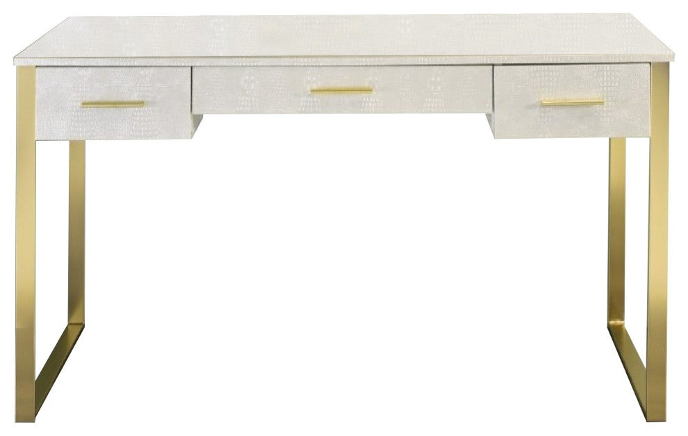 Benzara BM274660 Textured Vanity Desk With Round Mirror, Gold Sled Base, White