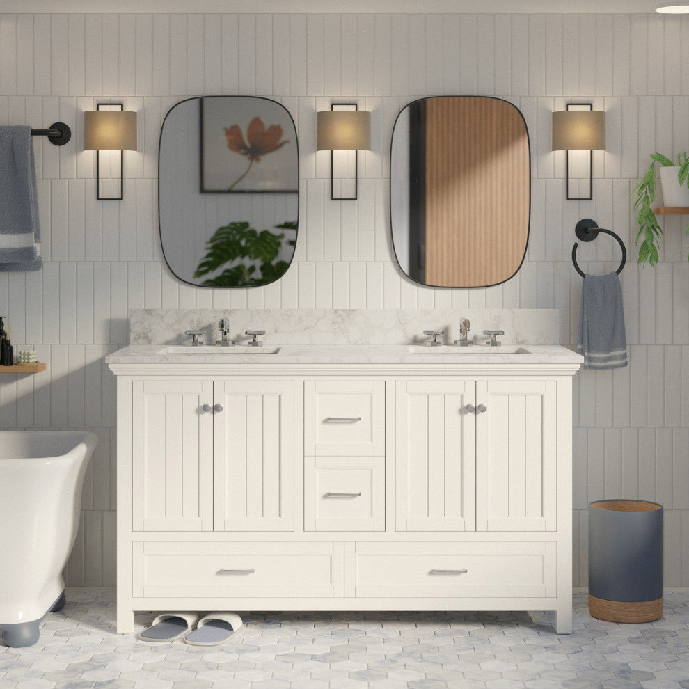 Paige 60" Bathroom Vanity, White, Carrara Marble, Double Sink