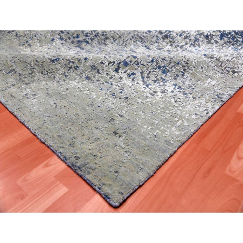 Denim Blue, Modern, Hand Knotted Pure Silk and Wool Oversized Rug, 12'0"x18'0"