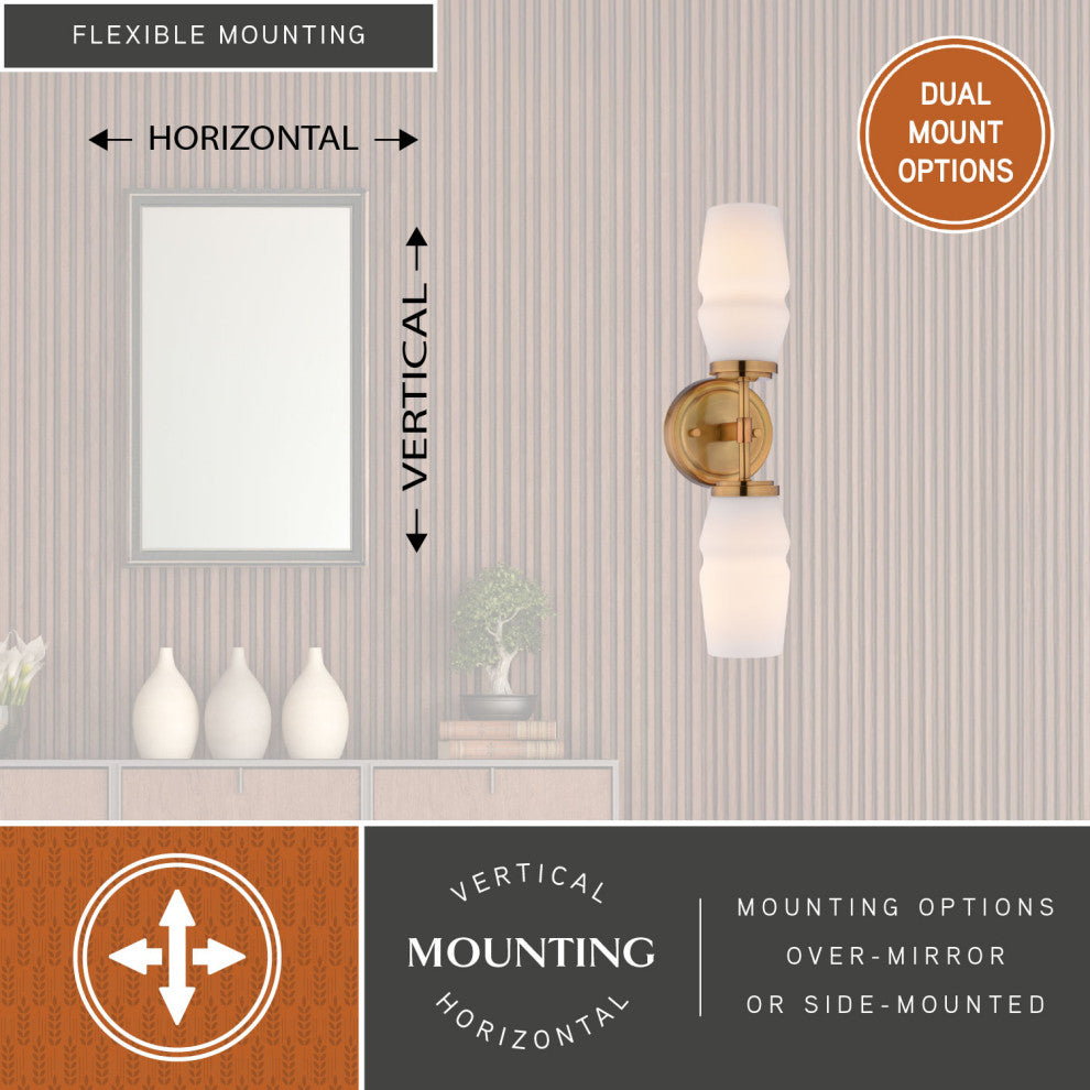 Warren 2-Light Black Mid-Century Modern Wall Sconce, Bathroom Vanity Fixture, Brushed Brass