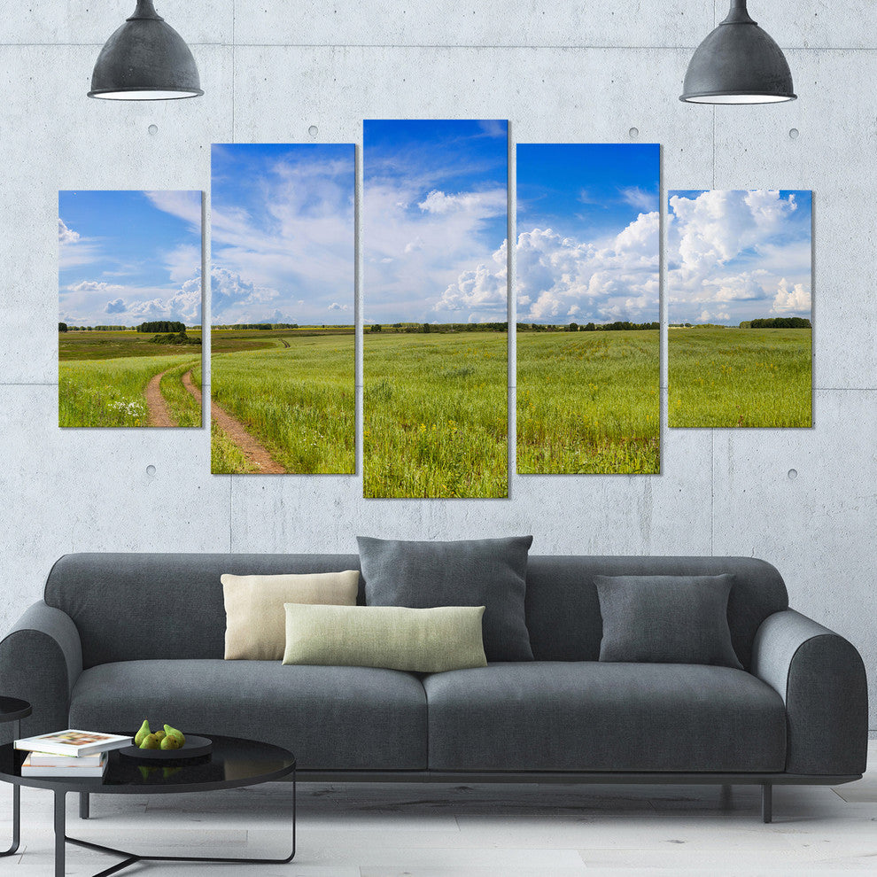Road in Field with Green Grass, Landscape Canvas Art Print, 60"x32", 5 Panels