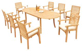 9-Piece Outdoor Teak Dining Set: 94" Oval Extn Table, 8 Hari Stacking Arm Chairs