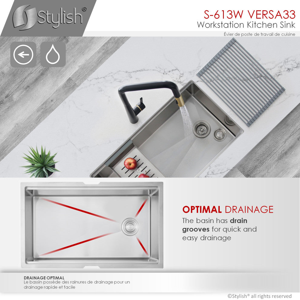 STYLISH Undermount 33" Stainless Steel Single-Bowl Workstation Kitchen Sink