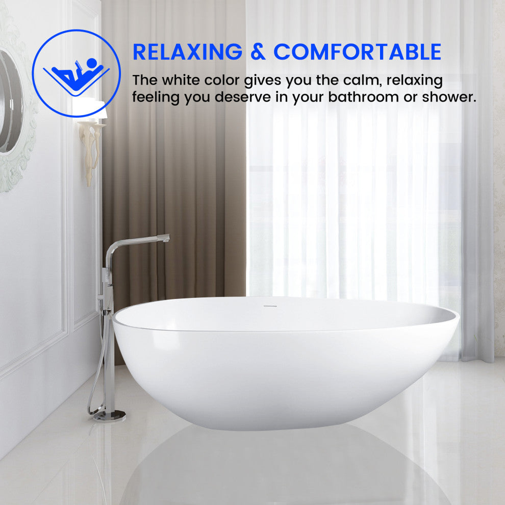 Vanity Art Solid Surface Resin Stone Freestanding Bathtub, Glossy White, 59 in. X 30 in.