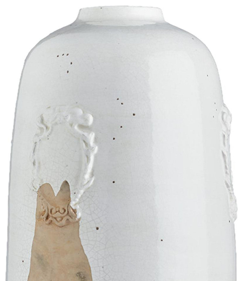 Elegant Rustic Italian Style Ceramic Vase Embossed Medallion Beige Tall Round