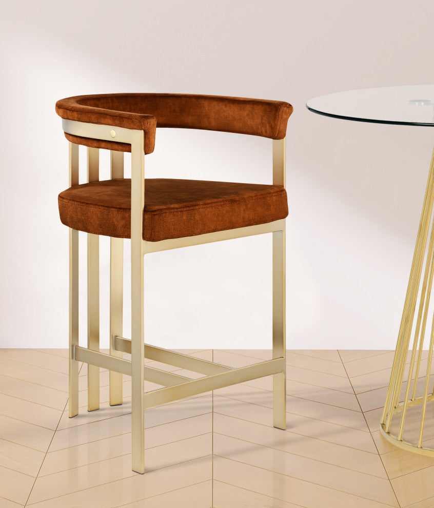 Marcello Upholstered Counter Stool, Cognac, Velvet, Brushed Brass