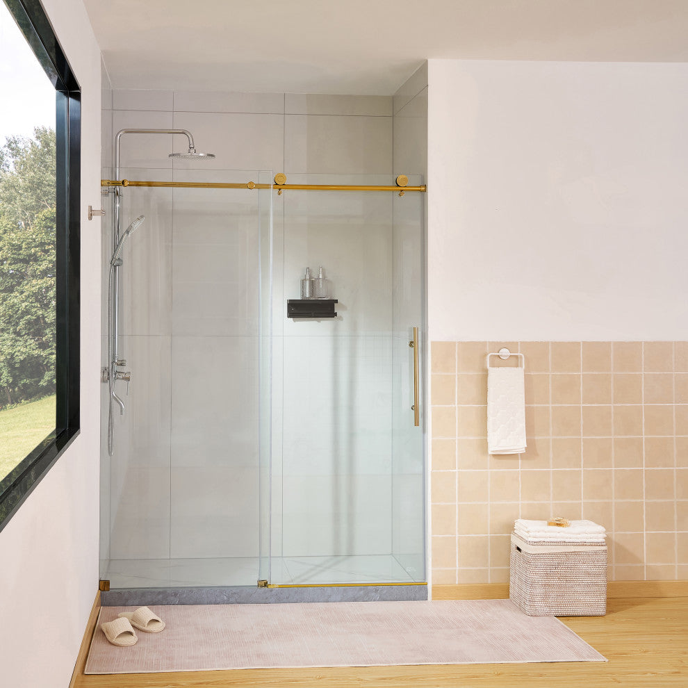 56"“60"Wx76" Frameless Sliding Shower Door With Clear Glass, Titanium Gold