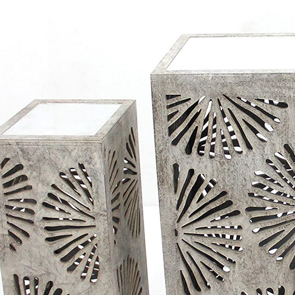 Gray 3 Piece Industrial Floral Mirrored Nesting Table Set