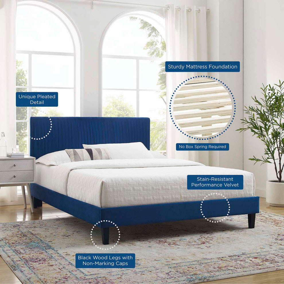 Platform Bed Frame, King Size, Velvet, Blue Navy, Modern Contemporary, Bedroom