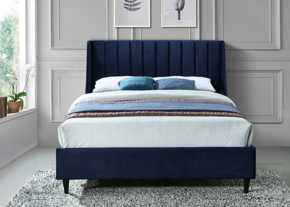 Eva Velvet Upholstered Bed, Navy, Full