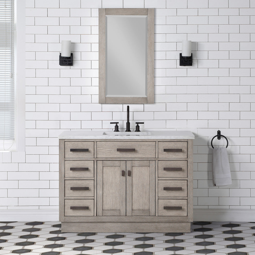 Chestnut 48" Bath Vanity, Grey Oak, Mirror, Oil-Rubbed Bronze Hardware