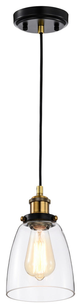 1-Light Black and Antique Brass Mini Pendant Light With Clear Bell Glass Shade