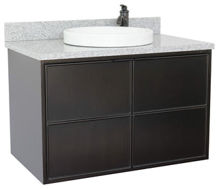 37" Single Wall Mount Vanity, Cappuccino Finish With Gray Granite Top