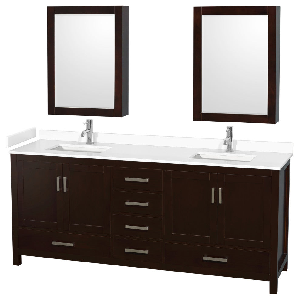 80"DBL Vanity Espresso, White Cult. Marble Countertop, Sinks, Med. Cabinets