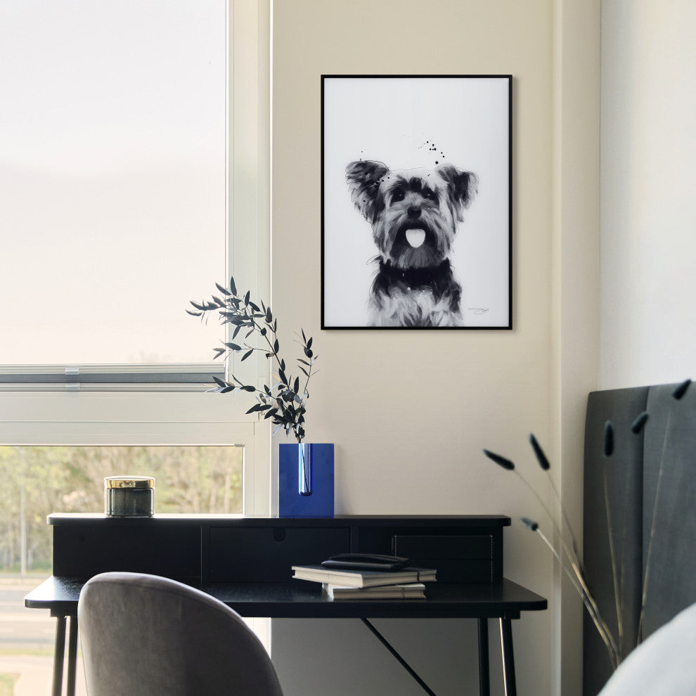 "Yorkshire Terrier" Black and White Pet Art on Printed Glass with Anodized Frame