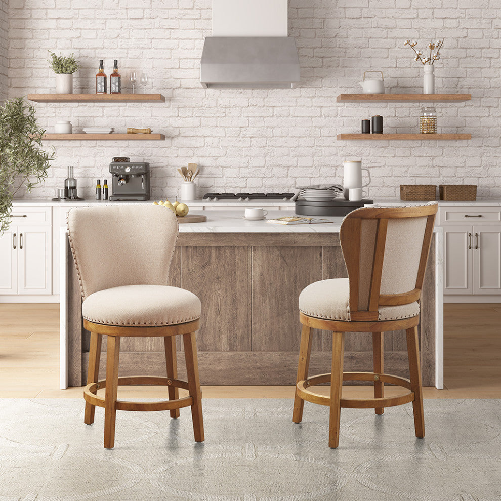 Madison Park Stewart Round Upholstered 360 Degree Swivel Counter Stool 25"H, Tan