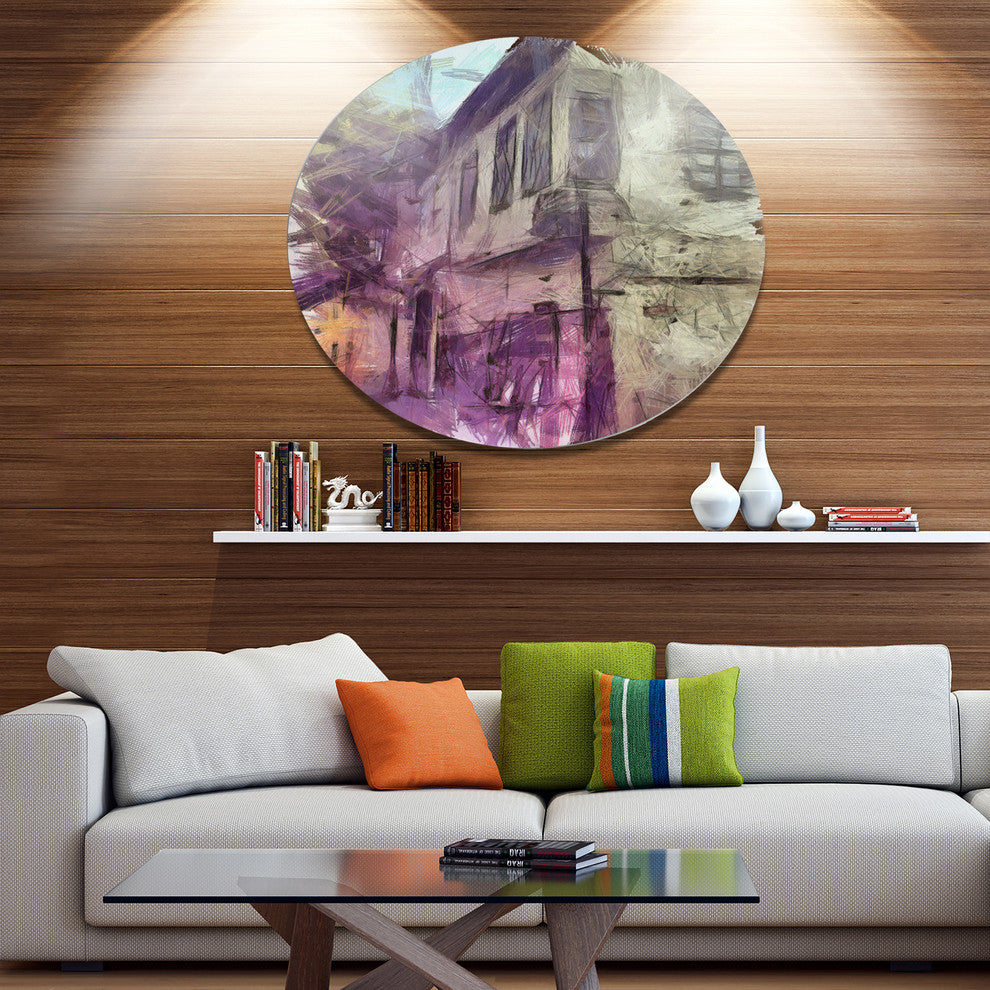 Old City Street Watercolor Sketch, Cityscape Round Wall Art, 23"