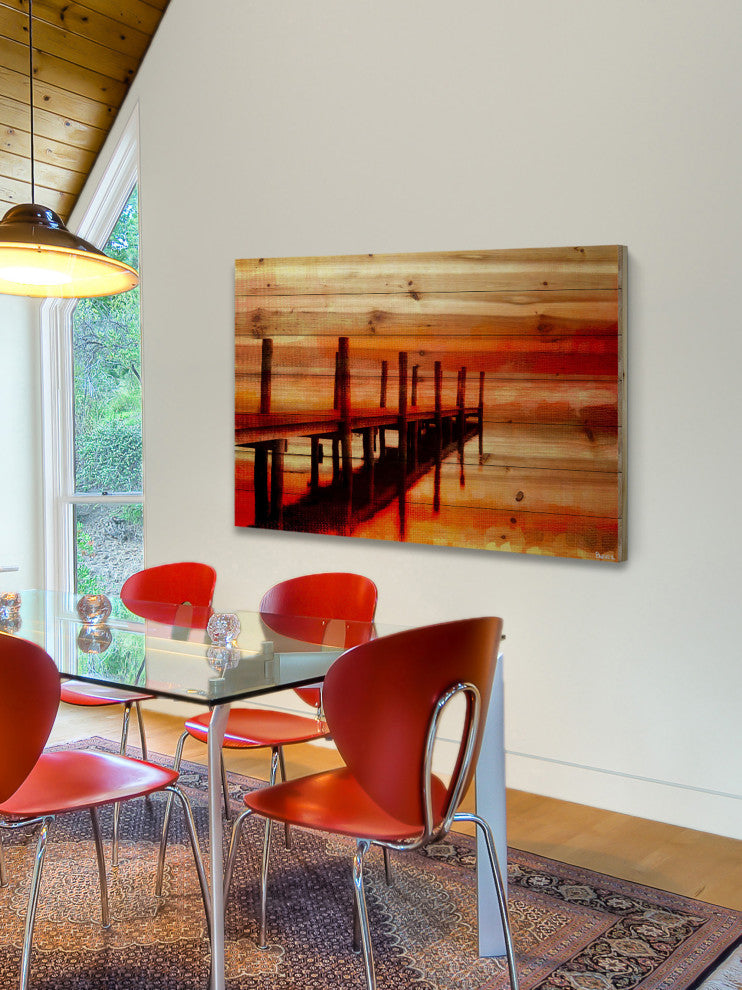 "Sunset Dock" Print on Natural Pine Wood, 36"x24"