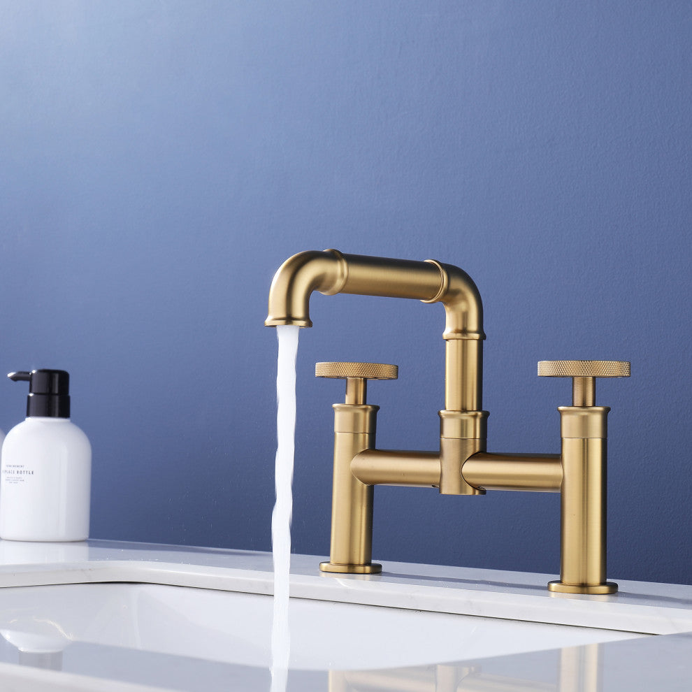 Deck Mounted Dual Handle Bridge Bathroom Faucet, Brushed Gold