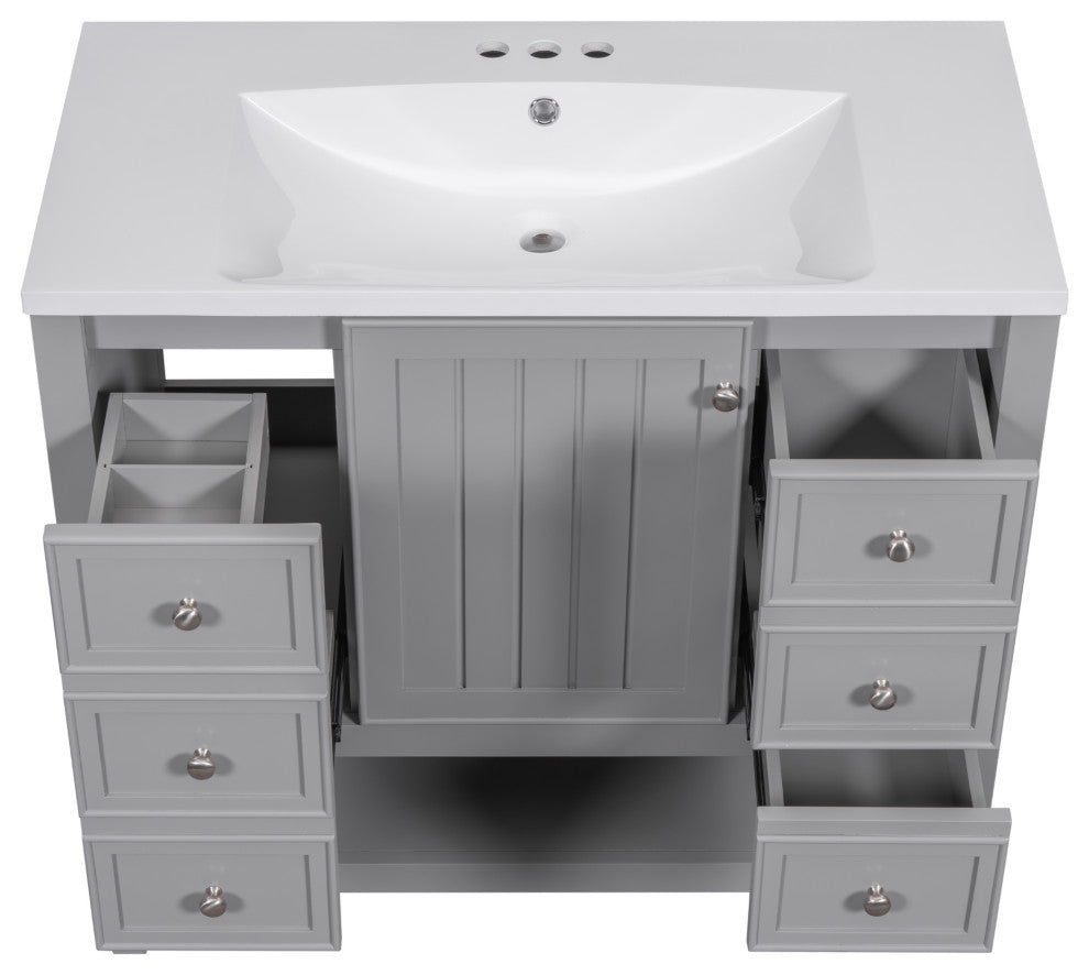 36 Inch Freestanding Bathroom Vanity Set in Blue with Drawers and Ceramic Sink, Grey
