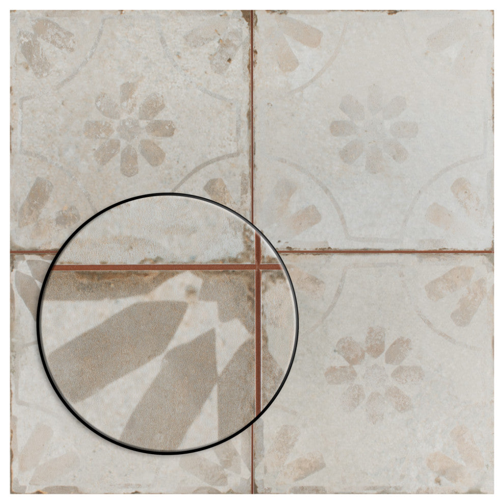 Kings Blume Encaustic Ceramic Floor and Wall Tile, White, Sample