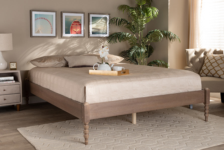 Cielle French Bohemian Antique Oak Finished Wood King Size Platform Bed Frame