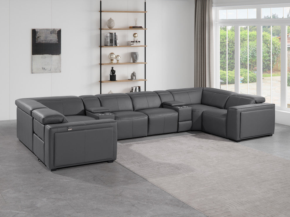 Niccolo Italian Leather 8-Piece U-Shaped 4 Power Reclining Sectional, Dark Gray.