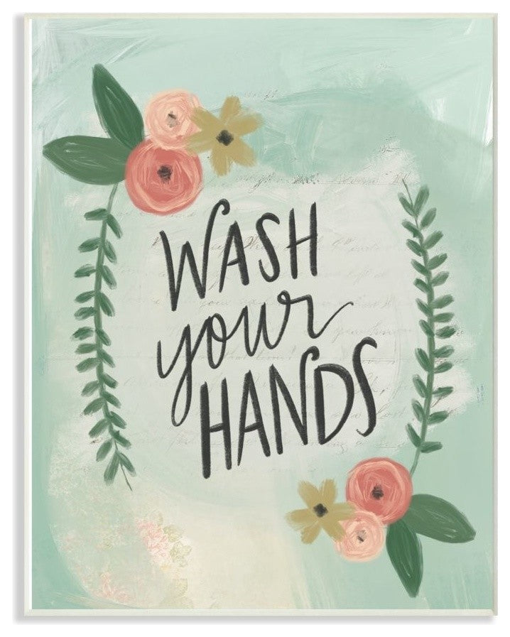 Wash Your Hands Aqua Blue, Pink Floral Roses Illustration, Wall Plaque, 12"x18"