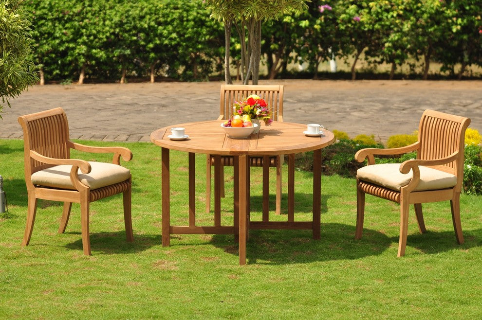 4-Piece Outdoor Patio Teak Dining Set, 48" Butterfly Table, 3 Arm Chairs