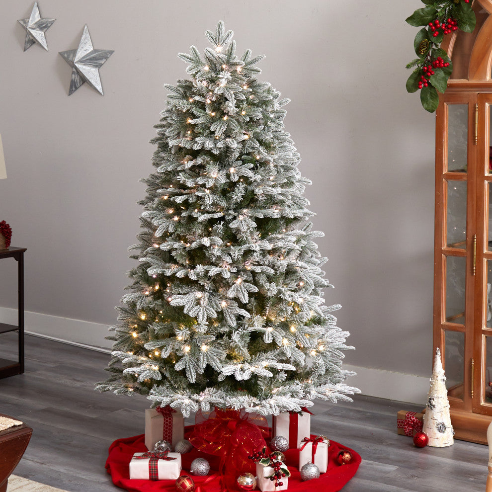 6' Flocked Colorado Mountain Fir Faux Xmas Tree W/Microdot, Multifunction Lights