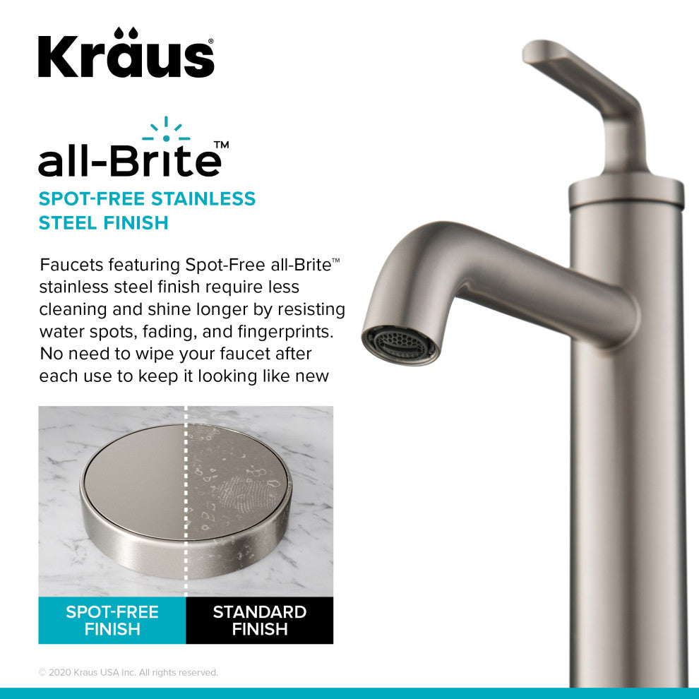 Kraus Ramus Single Handle Vessel Faucet, Pop Up Drain, Spot Free Steel, Set of 2