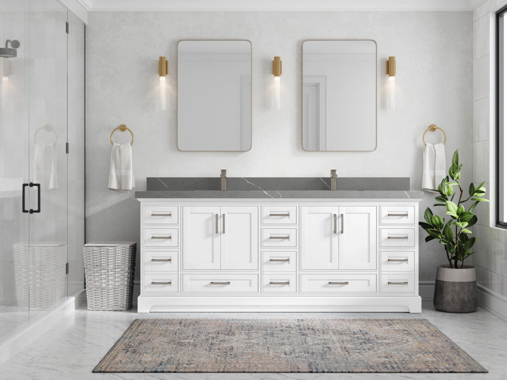 Fenway 84 Double Sink Bath Vanity in White 2" Piatra Gray