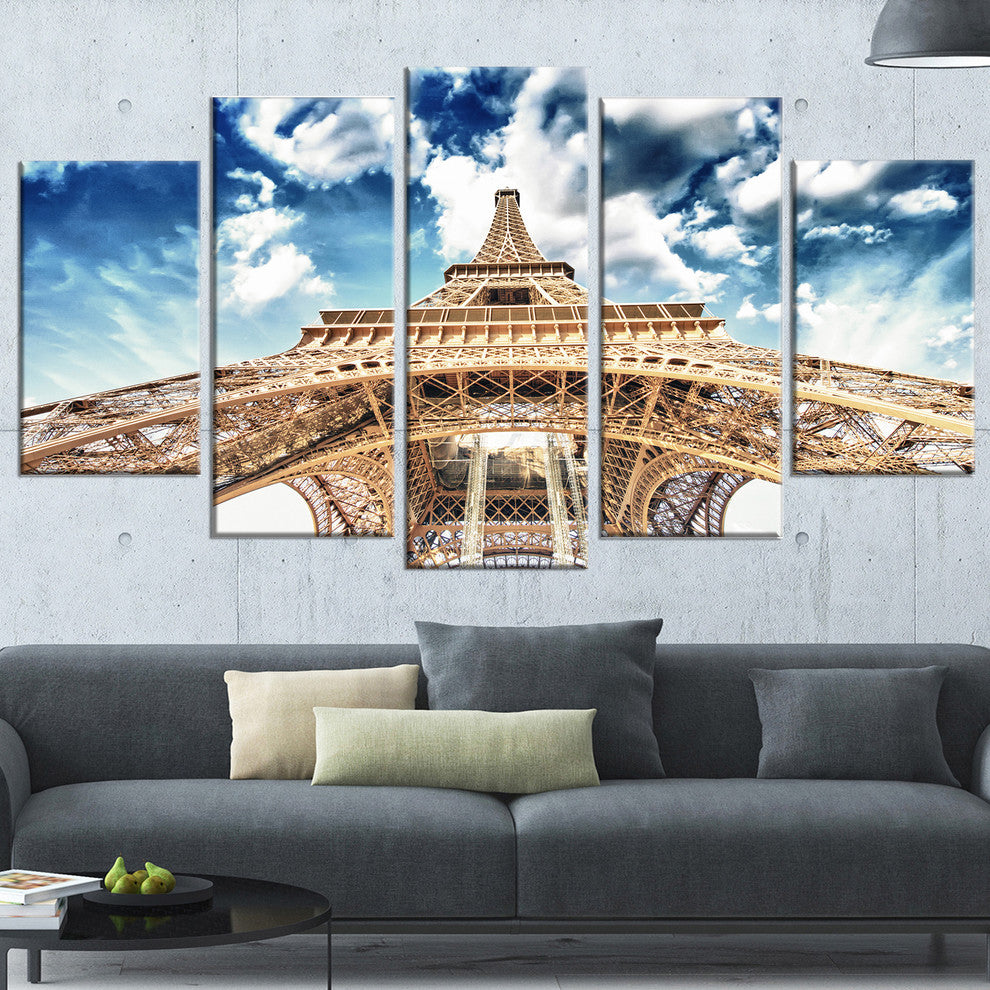 "Beautiful View of Paris Eiffel Tower Under Clouds" Wall Art, 60"x32", 5-Panels