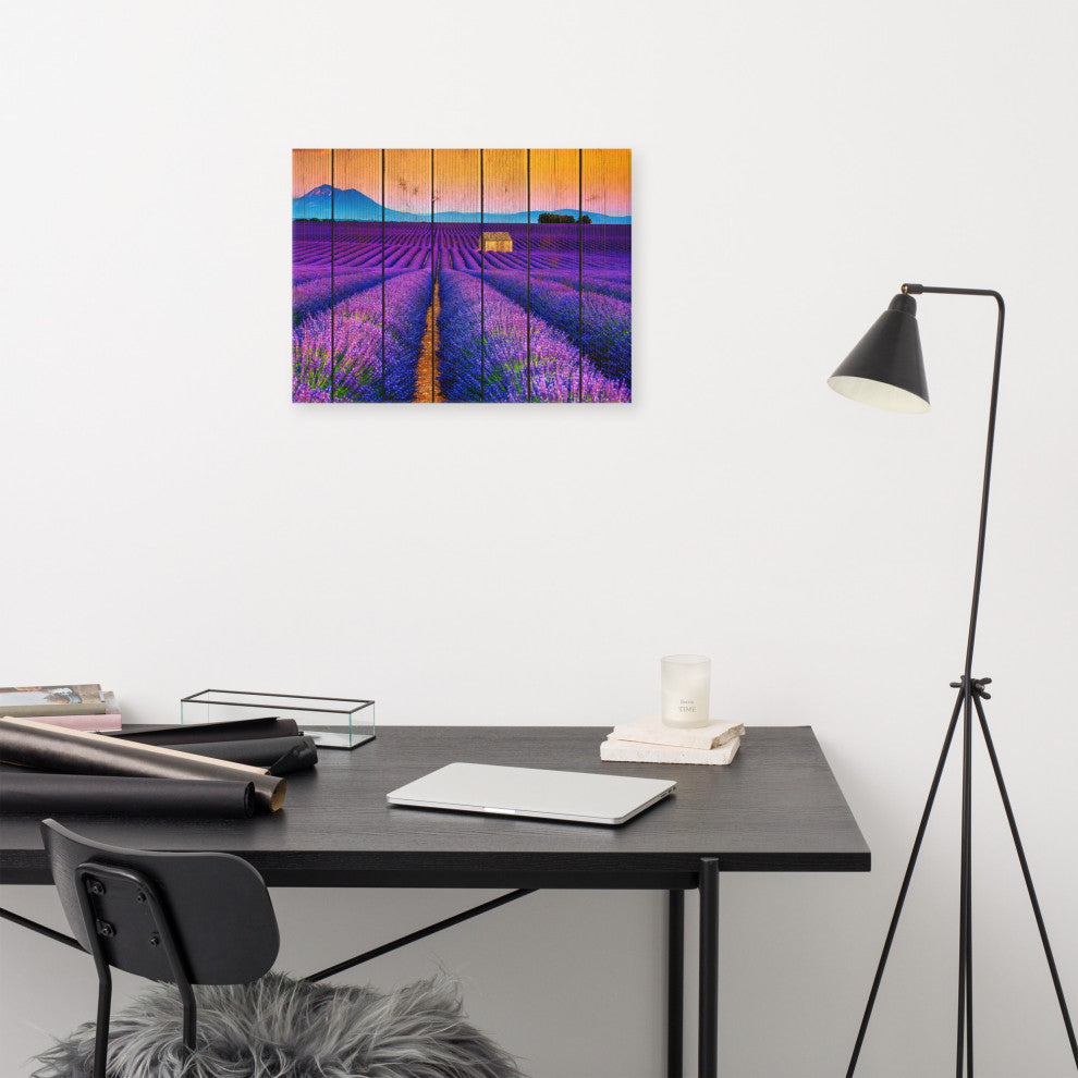 Faux Wood Lavender Fields and Sunset Landscape Canvas Prints, 18" X 24"