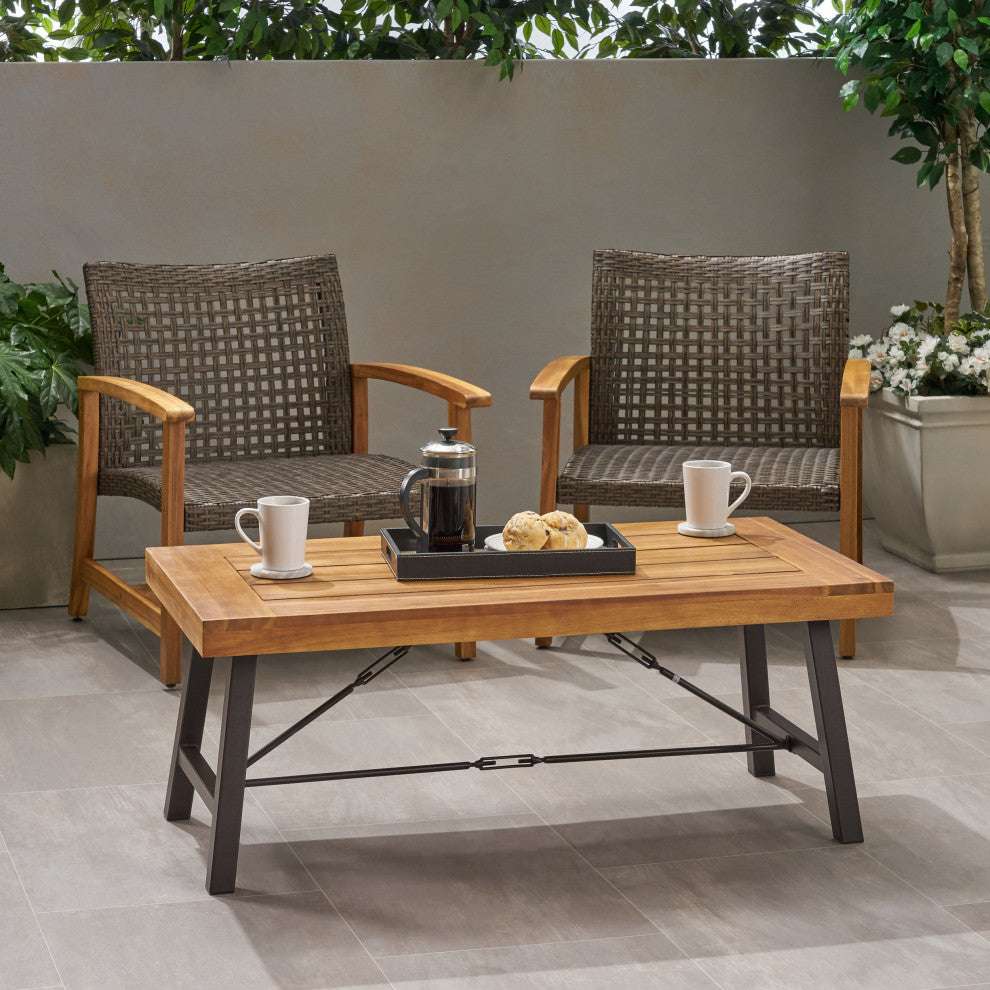 GDF Studio Easter Outdoor Acacia Wood Coffee Table, Teak Finish/Rustic Metal