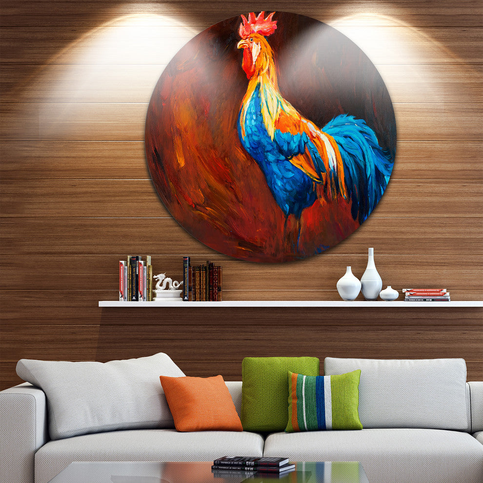 Blue And Orange Rooster, Animal Round Metal Wall Art, 11"