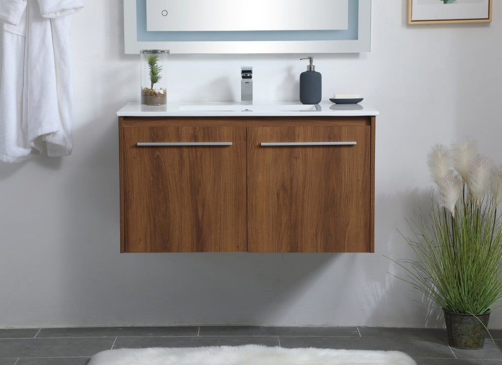Single Bathroom Floating Vanity, Walnut Brown, 36"