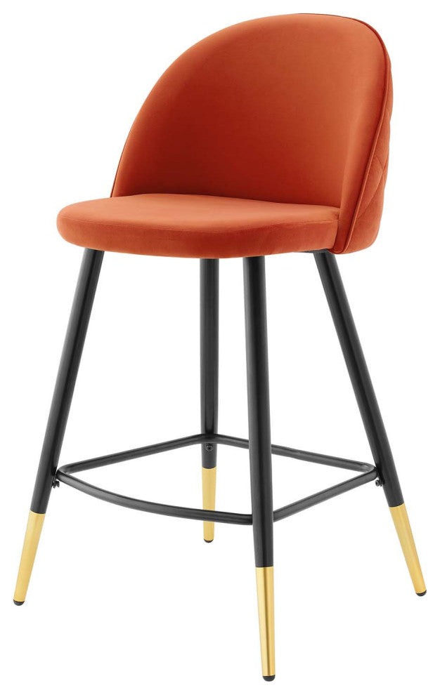 Counter Stool Chair, Set of 2, Velvet, Metal, Orange, Modern, Bar Pub Bistro