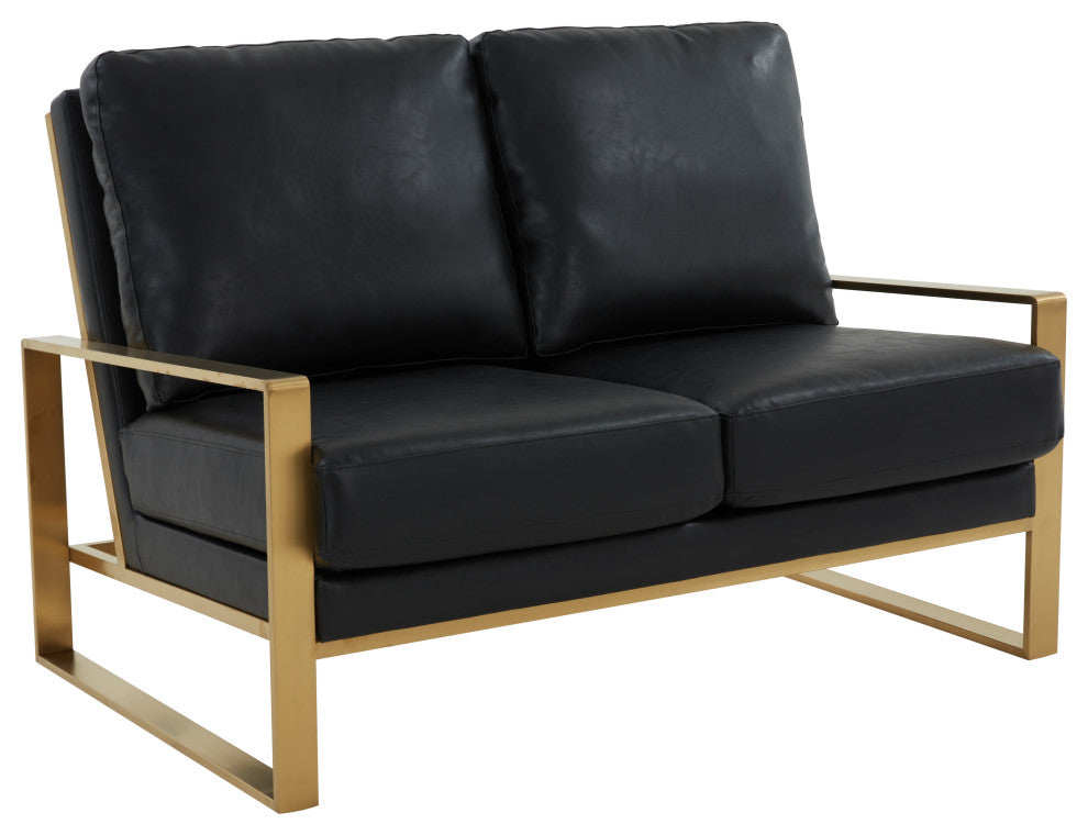 LeisureMod Jefferson Leather Modern Design Loveseat With Gold Frame, Black