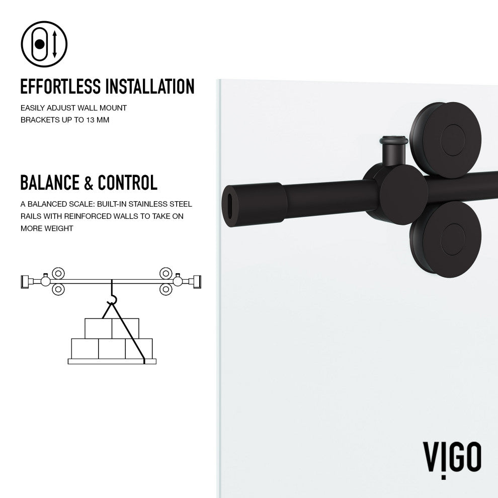 VIGO Elan 56" to 60" W x 74" H Frameless Sliding Shower Door, Matte Black, Laminated Glass