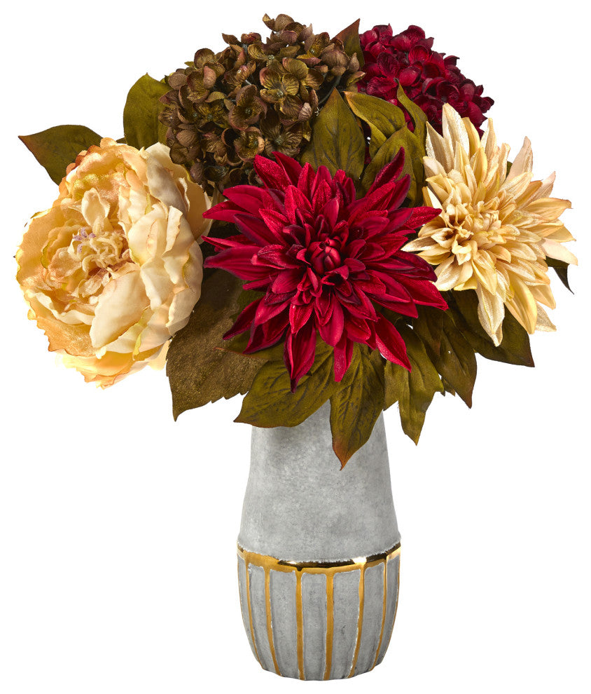 17" Peony, Hydrangea & Dahlia Faux Arrangement, Stoneware Vase W/ Gold Trimming