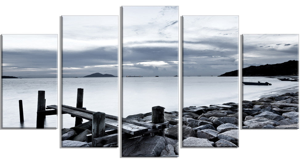 Small Sea Bridge from Rocky Beach, Landscape Canvas Art Print, 60"x32", 5 Panels
