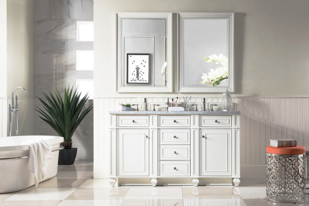 Bristol 60" Double Vanity Bright White, Carrara Marble