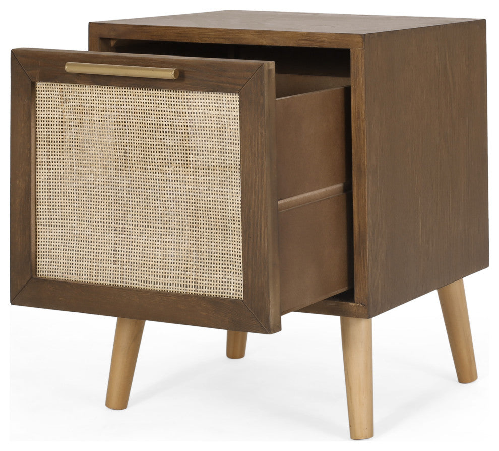 Pilster Contemporary End Table with Storage, Walnut, Natural, and Antique Gold