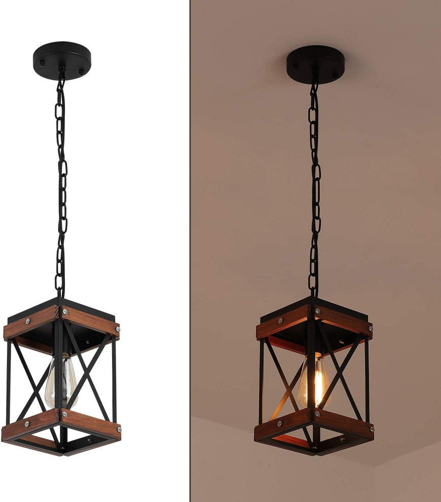 Farmhouse Square Wood Pendant Lighting for Kitchen Island Black Cage