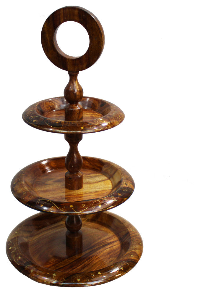Natural Geo Rosewood Decorative Tiered Stand With Golden Brass Inlay