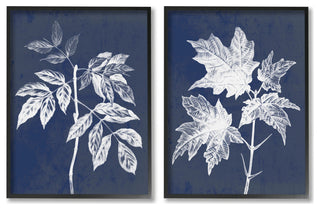 Maple Leaf Elm Stem Vintage Blue White Illustration,2pc, each 11 x 14