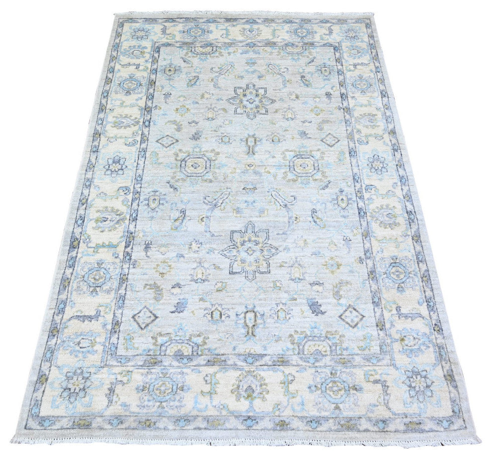Gray Washed Out Peshawar With Motifs Soft Wool Hand Knotted Rug 3'11"x5'9"