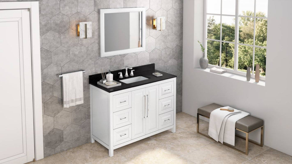 Cade Transitional 48" White Bathroom Vanity, Black Granite Vanity Top