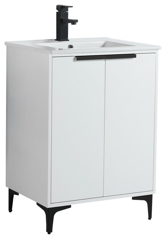 Wilmington Bath Vanity, White Matte, 24 Inch, Black Hardware